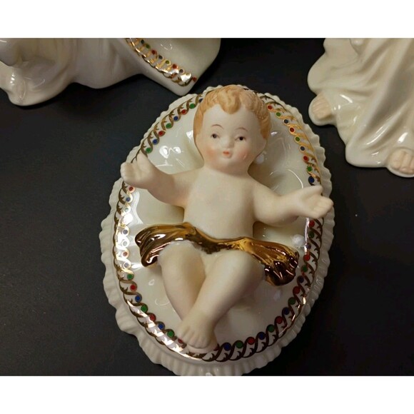 Baby Jesus Mary Joseph Porcelain Nativity 3 Piece Scene White Gold Holiday Decor - Picture 2 of 16